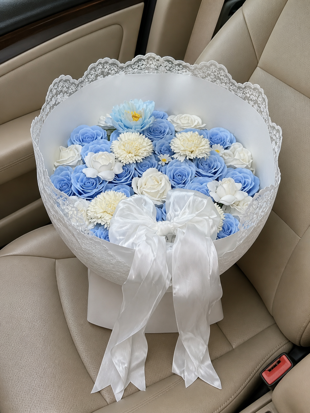 Blue Ivory Rose Lace Bouquet, high-angle car view; AI design illustration