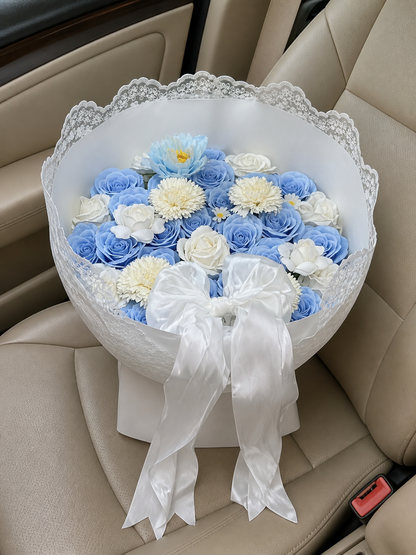 Blue Ivory Rose Lace Bouquet, high-angle car view; AI design illustration