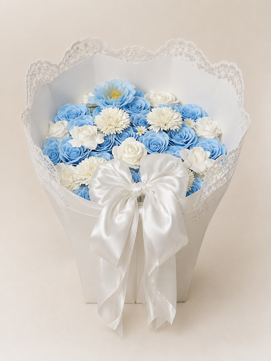 Blue Ivory Rose Lace Bouquet, front view; AI design illustration
