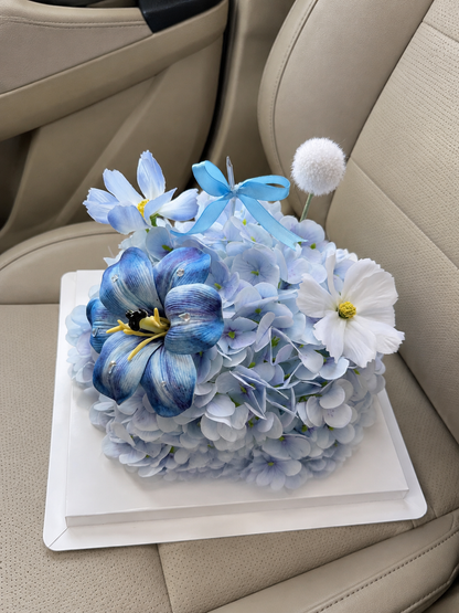 Blue Lily Hydrangea Flower Cake, high-angle car view; AI design illustration