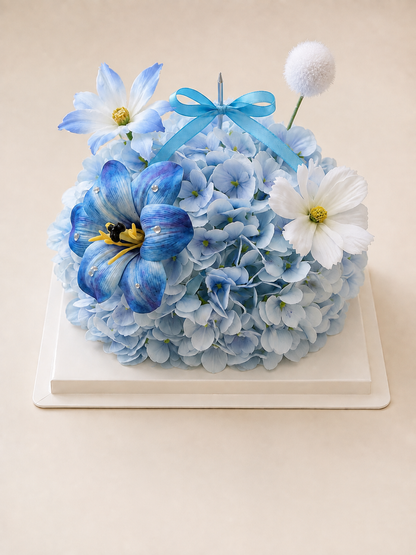 Blue Lily Hydrangea Flower Cake, front view; AI design illustration