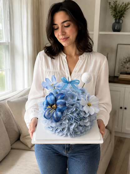 Blue Lily Hydrangea Flower Cake, person-held angled view; AI design illustration