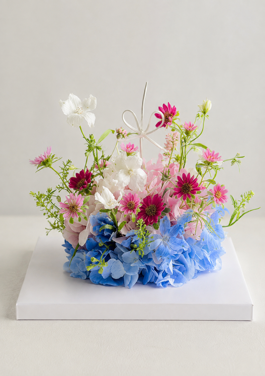 Blue Meadow Flower Cake, front; AI design illustration