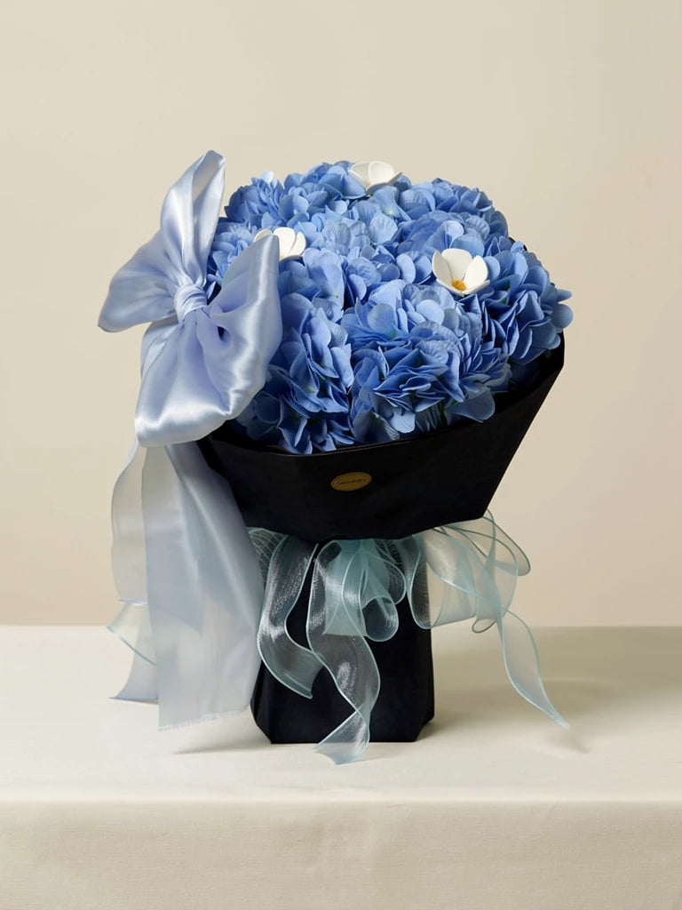 Blue Moon Hydrangea Bow Bouquet, Medium, front view; AI design illustration