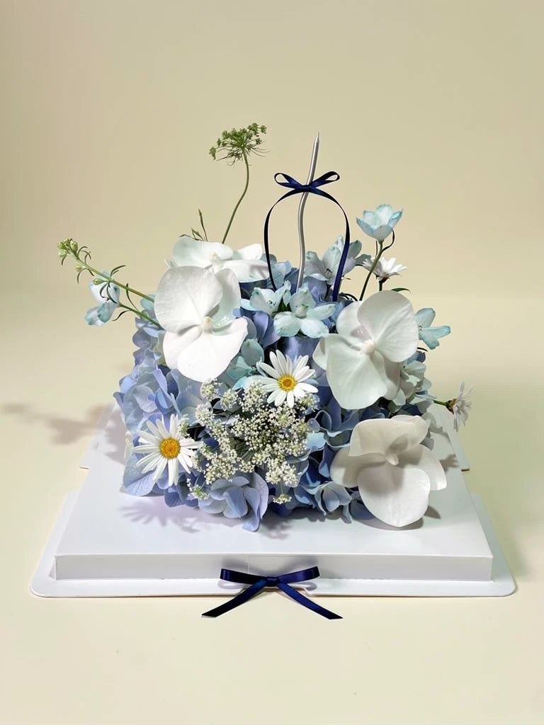 Blue Orchid Dream Flower Cake, Medium, front view; AI design illustration