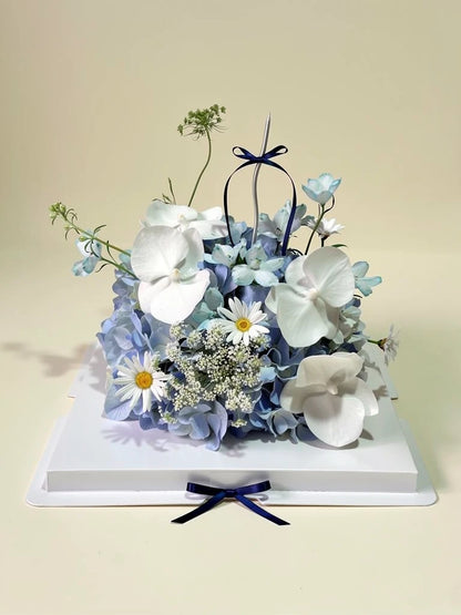 Blue Orchid Dream Flower Cake, Medium, front view; AI design illustration