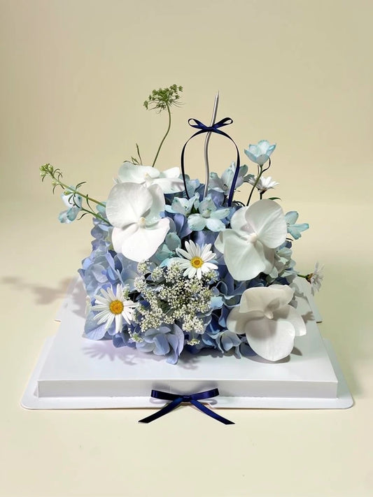 Blue Orchid Dream Flower Cake, Medium, front view; AI design illustration