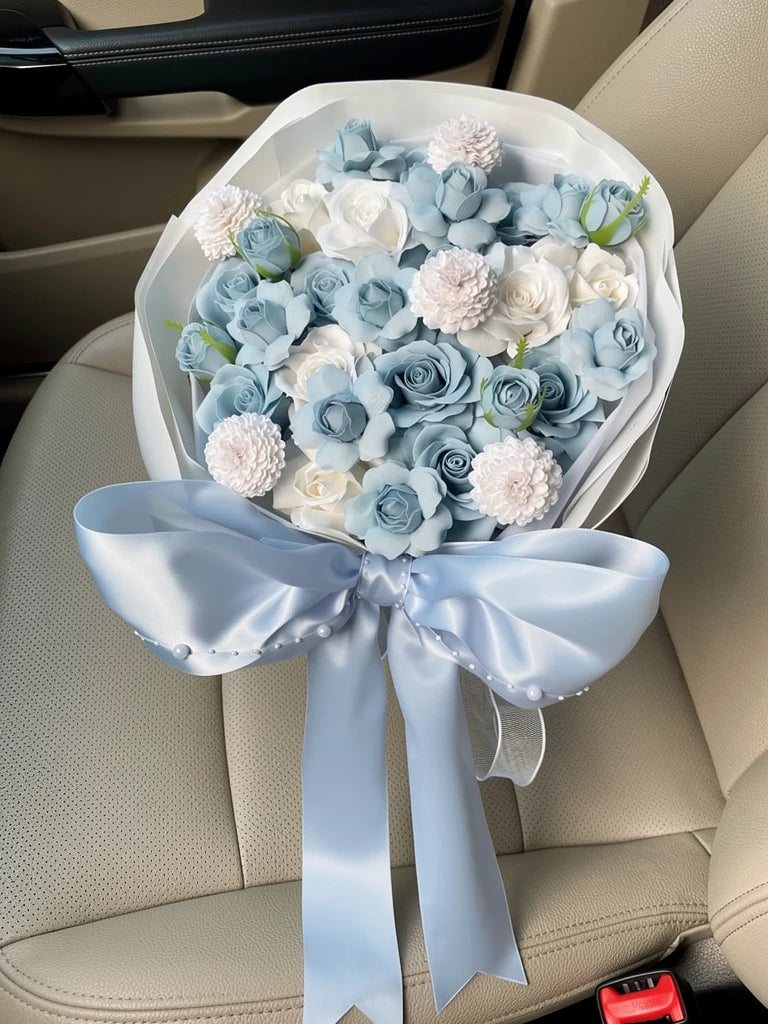 Blue Satin Rose Garden Bouquet, Medium, high-angle car-seat view; AI lifestyle illustration