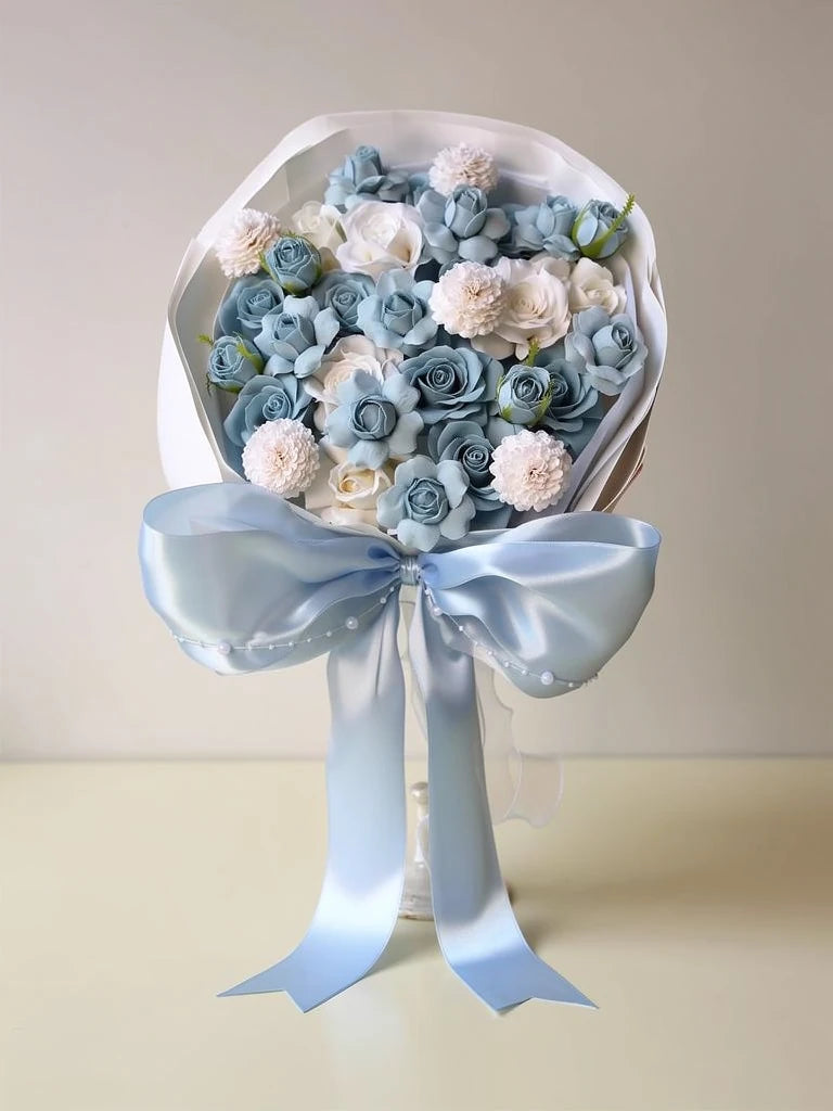 Blue Satin Rose Garden Bouquet, Medium, front view; AI design illustration