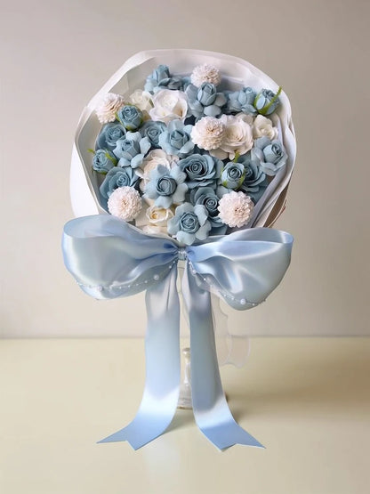 Blue Satin Rose Garden Bouquet, Medium, front view; AI design illustration