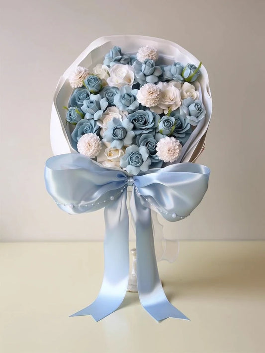 Blue Satin Rose Garden Bouquet, Medium, front view; AI design illustration