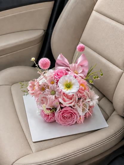 Blush Bow Rose Flower Cake, high-angle car view; AI design illustration