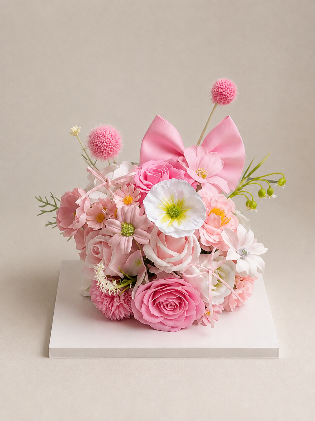 Blush Bow Rose Flower Cake, front view; AI design illustration