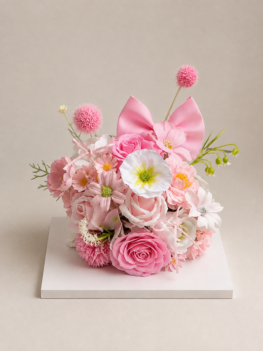 Blush Bow Rose Flower Cake, front view; AI design illustration