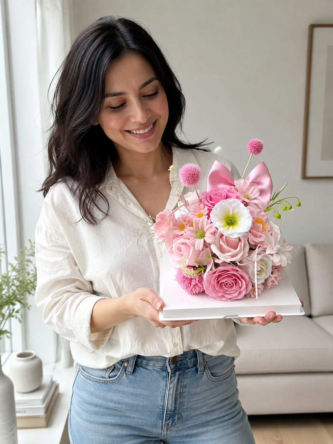 Blush Bow Rose Flower Cake, person-held angled view; AI design illustration