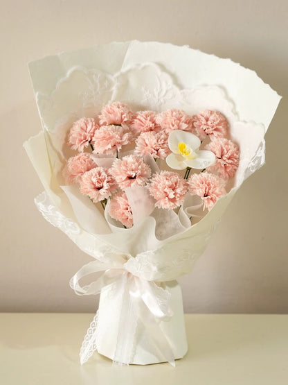 Blush Carnation Frangipani Bouquet, Medium, front view; AI design illustration