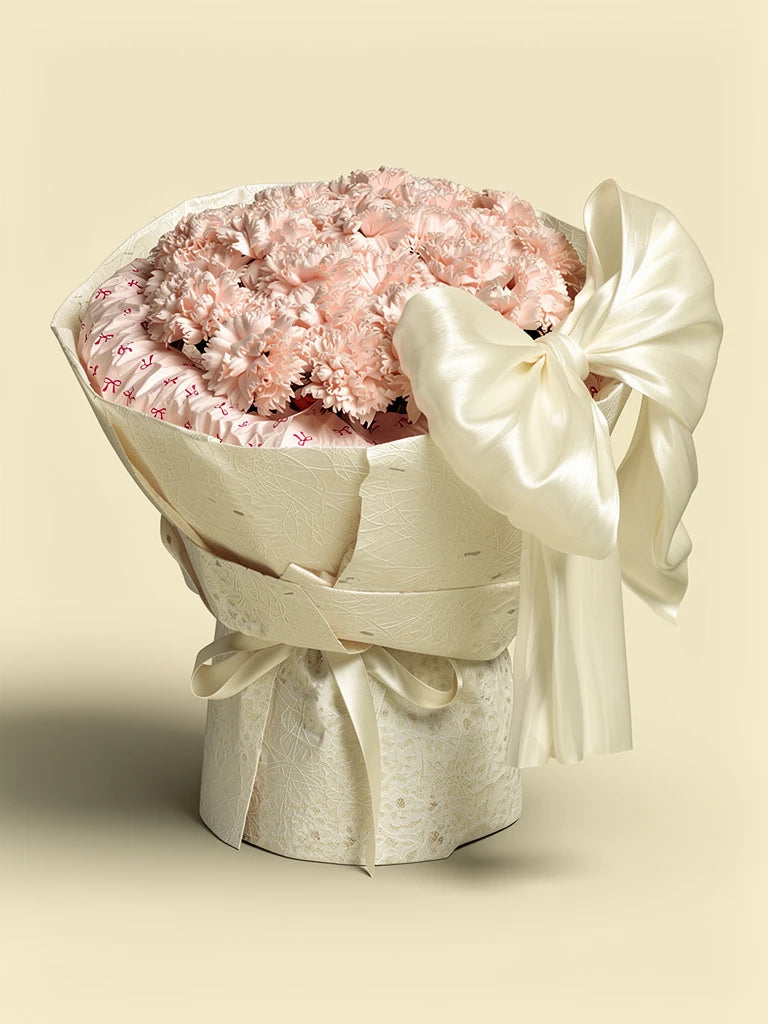 Blush Carnation Grand Bow Bouquet, Medium, front view; AI design illustration