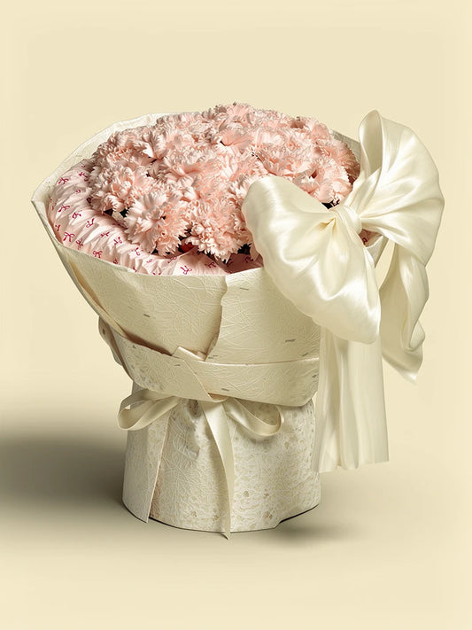 Blush Carnation Grand Bow Bouquet, Medium, front view; AI design illustration