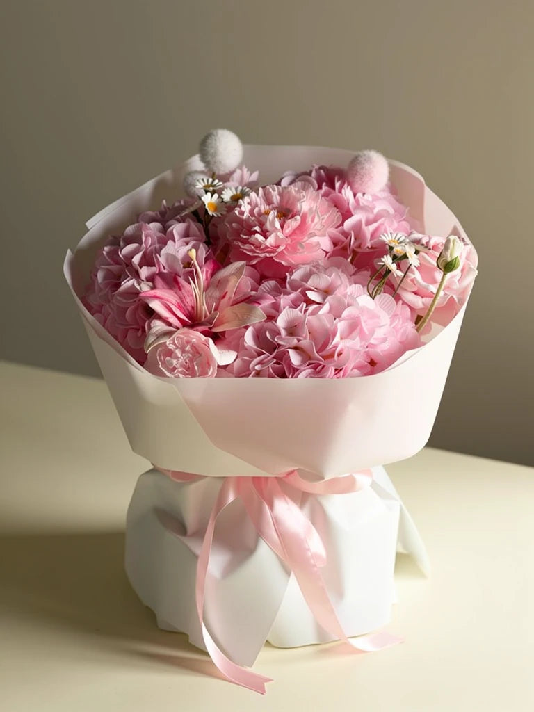 Blush Garden Hydrangea Bouquet, Medium, front view; AI design illustration
