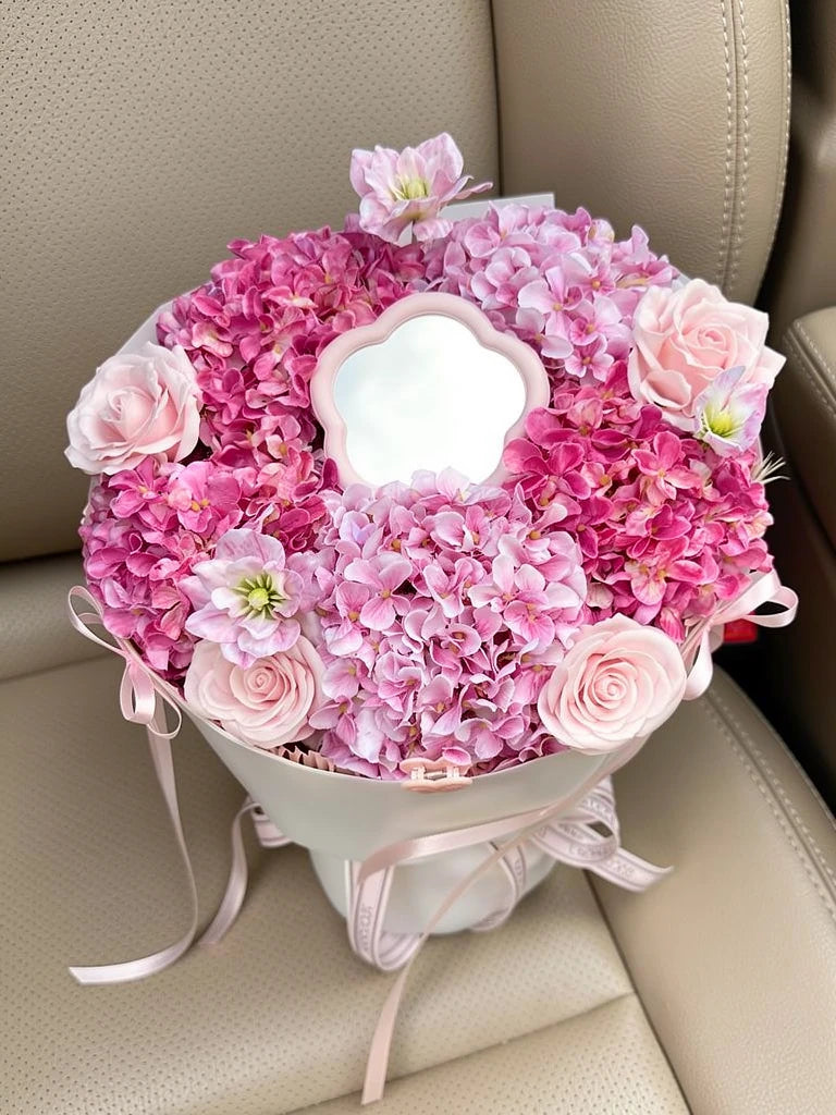 Blush Halo Hydrangea Rose Bouquet, Medium, high-angle car-seat view; AI lifestyle illustration