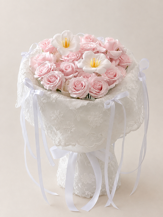 Blush Ivory Frangipani Rose Bouquet, front view; AI design illustration