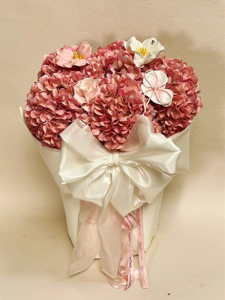 Front view of Blush Reverie Pink Silk Hydrangea Bouquet, size M; AI design illustration