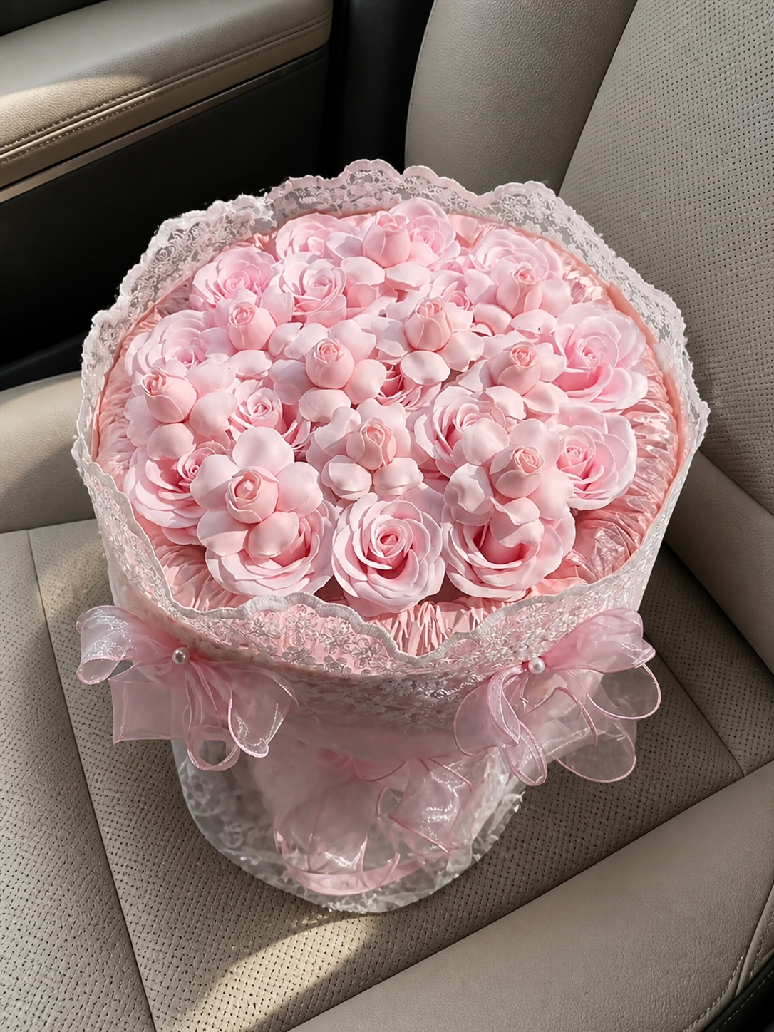 Blush Rose Blossom Lace Bouquet, high-angle car view; AI design illustration