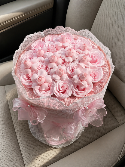 Blush Rose Blossom Lace Bouquet, high-angle car view; AI design illustration