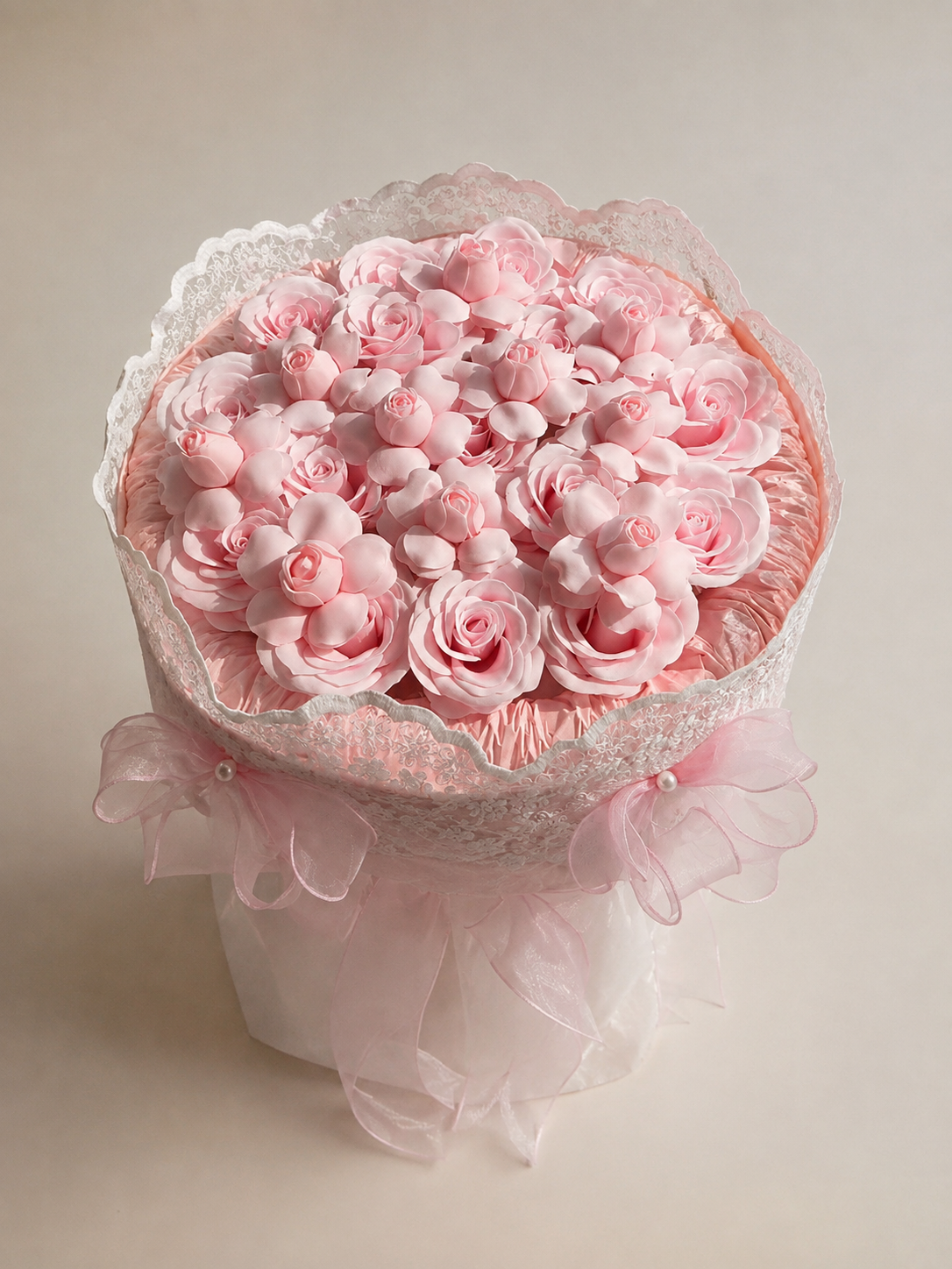 Blush Rose Blossom Lace Bouquet, front view; AI design illustration