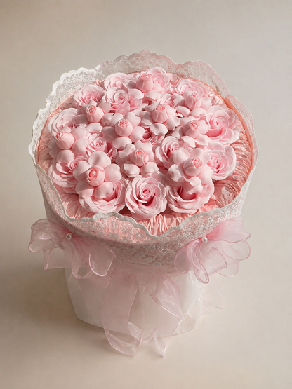 Blush Rose Blossom Lace Bouquet, front view; AI design illustration