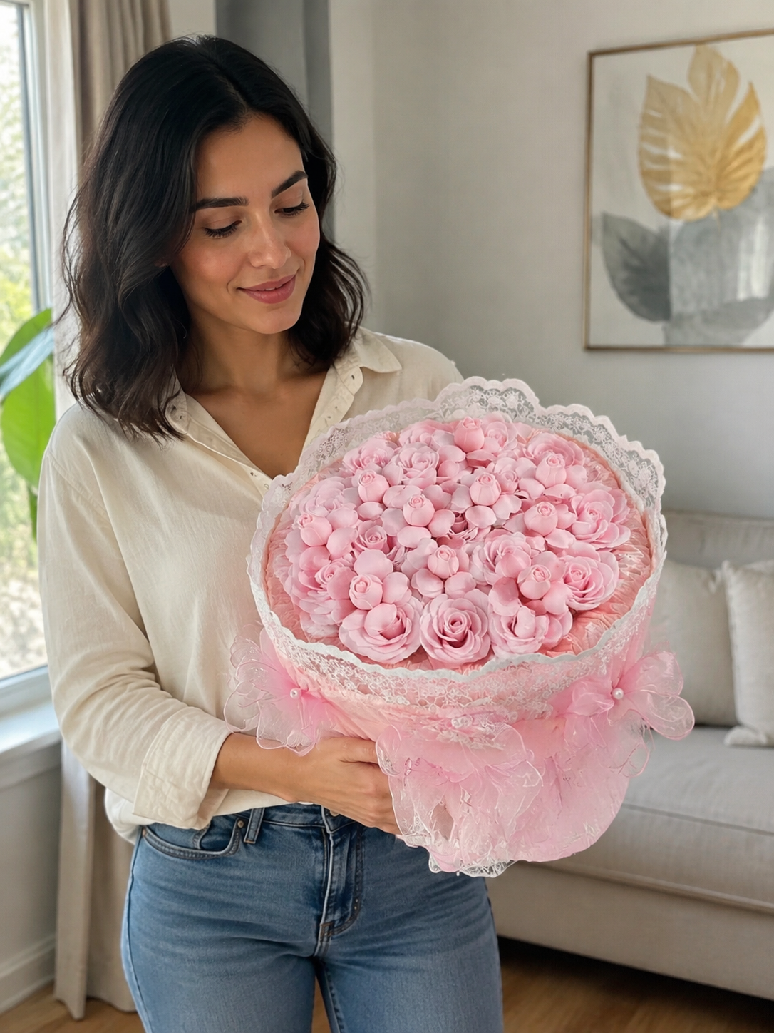 Blush Rose Blossom Lace Bouquet, person-held angled view; AI design illustration
