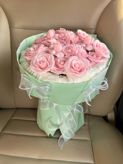 Blush Rose Mint Ruffle Bouquet, Medium, high-angle car-seat view; AI lifestyle illustration