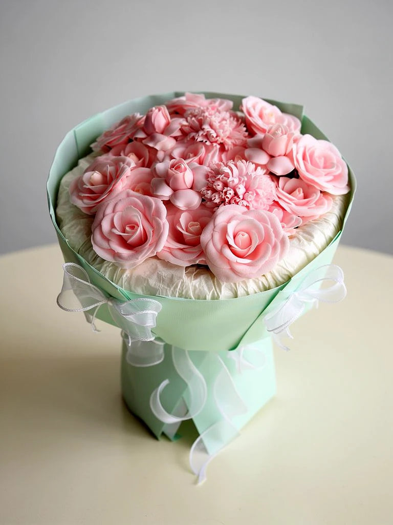 Blush Rose Mint Ruffle Bouquet, Medium, front view; AI design illustration