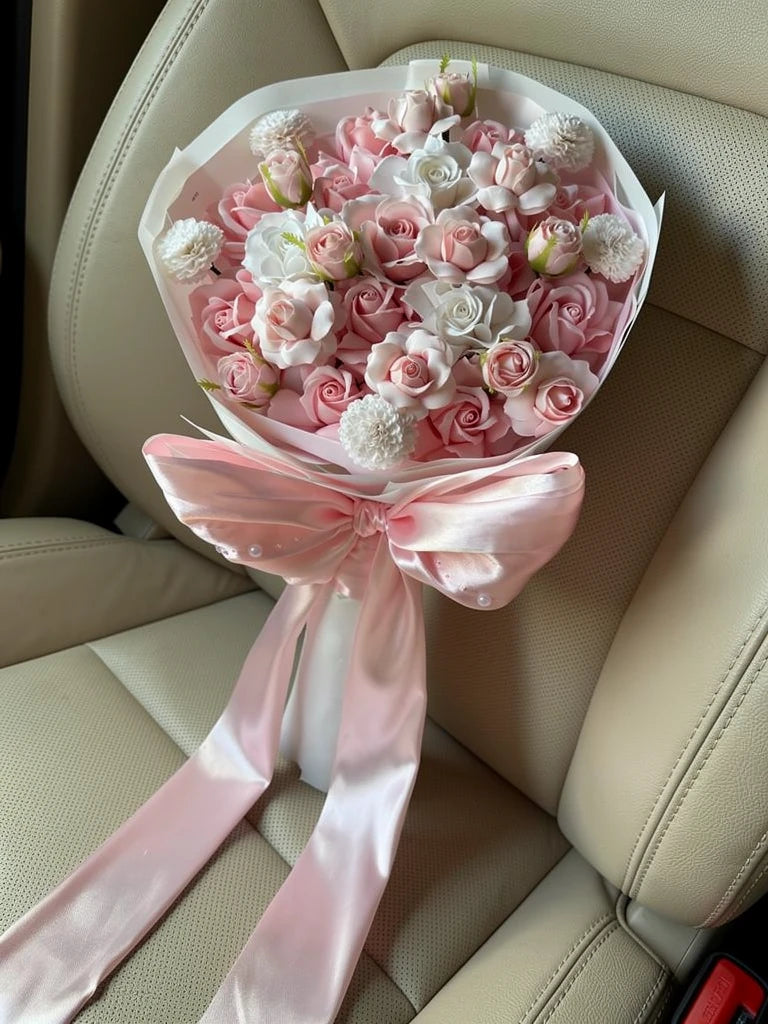 High-angle view of Blush Satin Rose Garden Bouquet on a parked-car passenger seat; AI lifestyle illustration