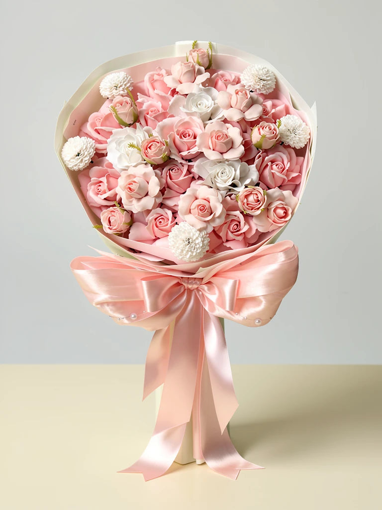 Front view of Blush Satin Rose Garden Bouquet, size M; AI design illustration