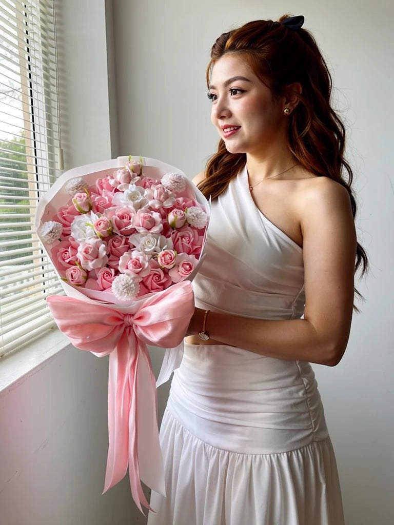 Nguyen Lan reference model holding Blush Satin Rose Garden Bouquet at an angle; AI lifestyle illustration