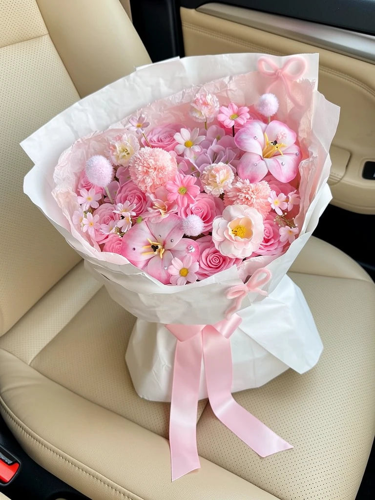 Blushing Meadow Grand Bouquet, Medium, high-angle car-seat view; AI lifestyle illustration
