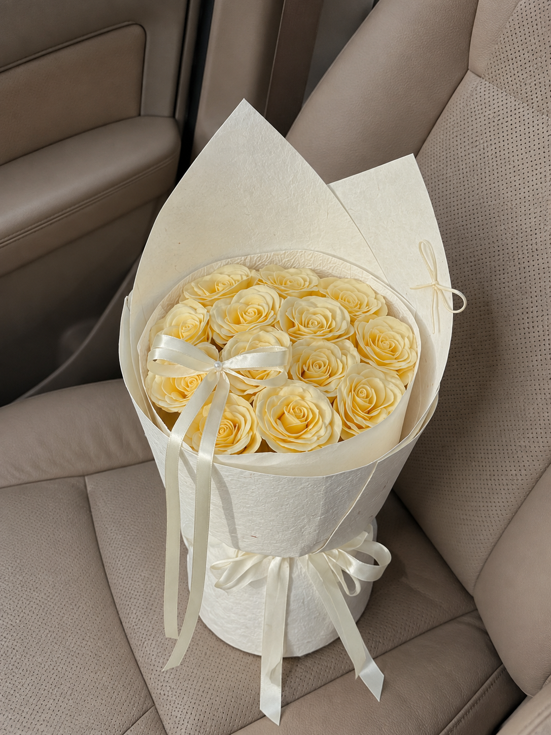 Butter Yellow Rose Bouquet, high-angle car view; AI design illustration