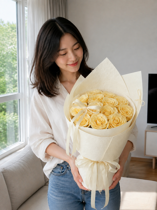Butter Yellow Rose Bouquet, person-held angled view; AI design illustration
