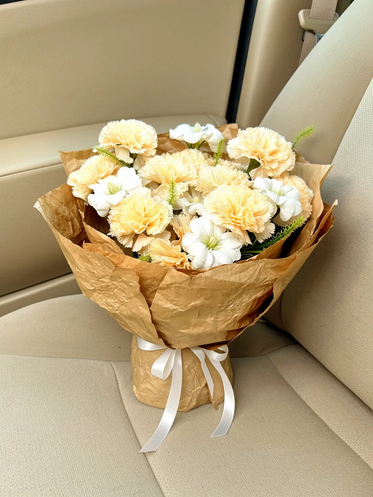 Buttercream Carnation Bouquet, Medium, high-angle car-seat view; AI lifestyle illustration