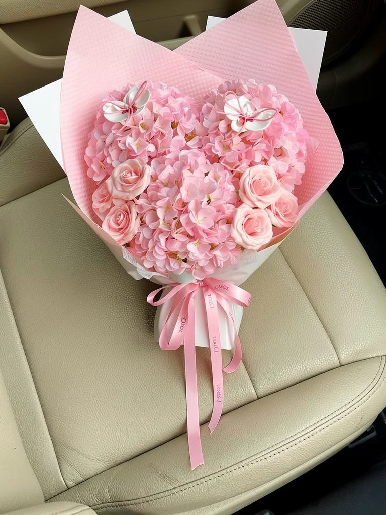 Butterfly Heart Pink Hydrangea Bouquet, Medium, high-angle car-seat view; AI lifestyle illustration