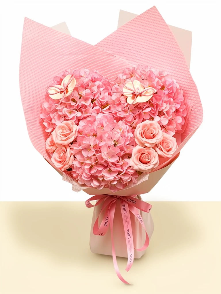 Butterfly Heart Pink Hydrangea Bouquet, Medium, front view; AI design illustration