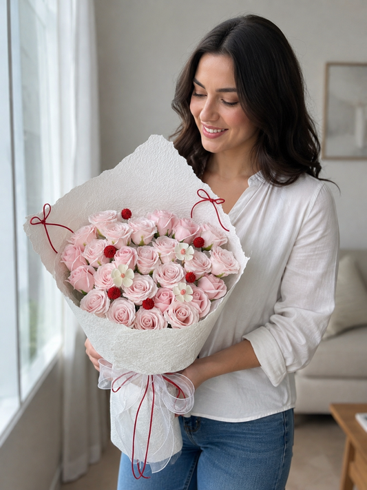 Champagne Blush Rose Luxe Bouquet, person-held angled view; AI design illustration