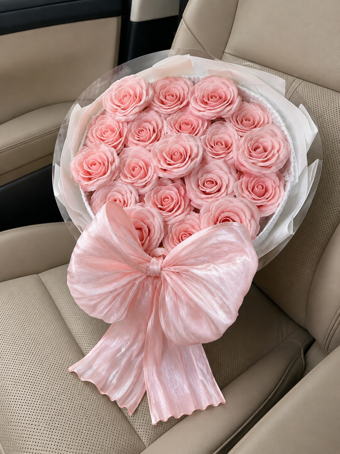 Classic Pink Rose Satin Bow Bouquet, high-angle car view; AI design illustration