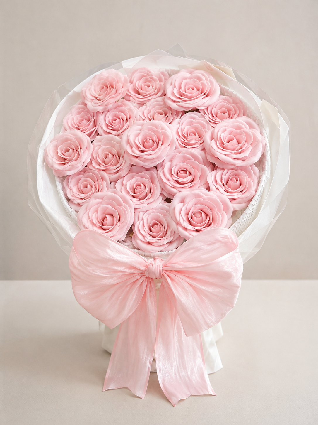 Classic Pink Rose Satin Bow Bouquet, front view; AI design illustration