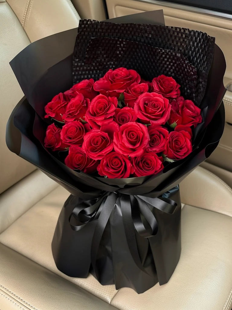 Classic Red Rose Midnight Bouquet, Medium, high-angle car-seat view; AI lifestyle illustration