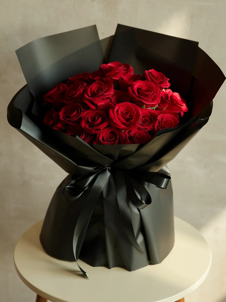 Classic Red Rose Midnight Bouquet, Medium, front view; AI design illustration