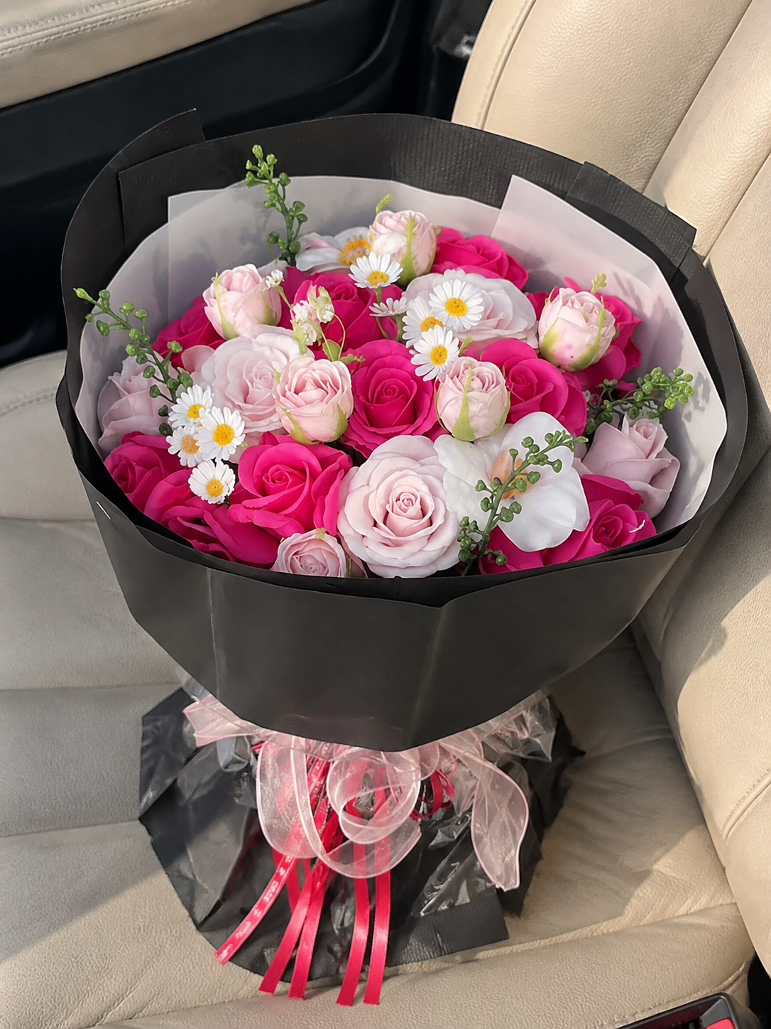 Color Pop Rose Midnight Bouquet, high-angle car view; AI design illustration
