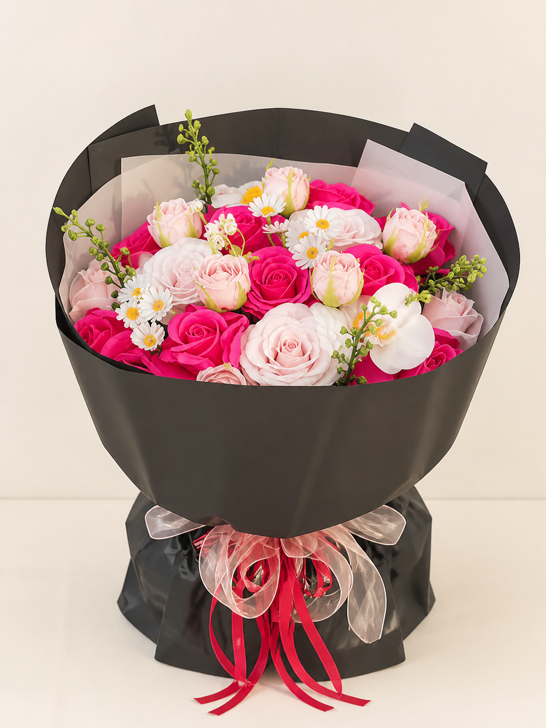 Color Pop Rose Midnight Bouquet, front view; AI design illustration