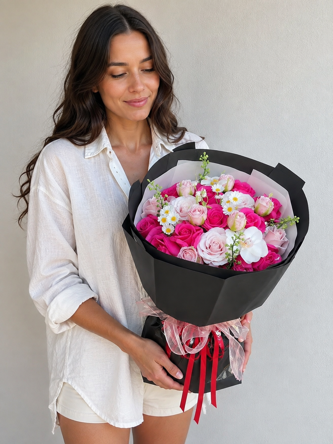 Color Pop Rose Midnight Bouquet, person-held angled view; AI design illustration